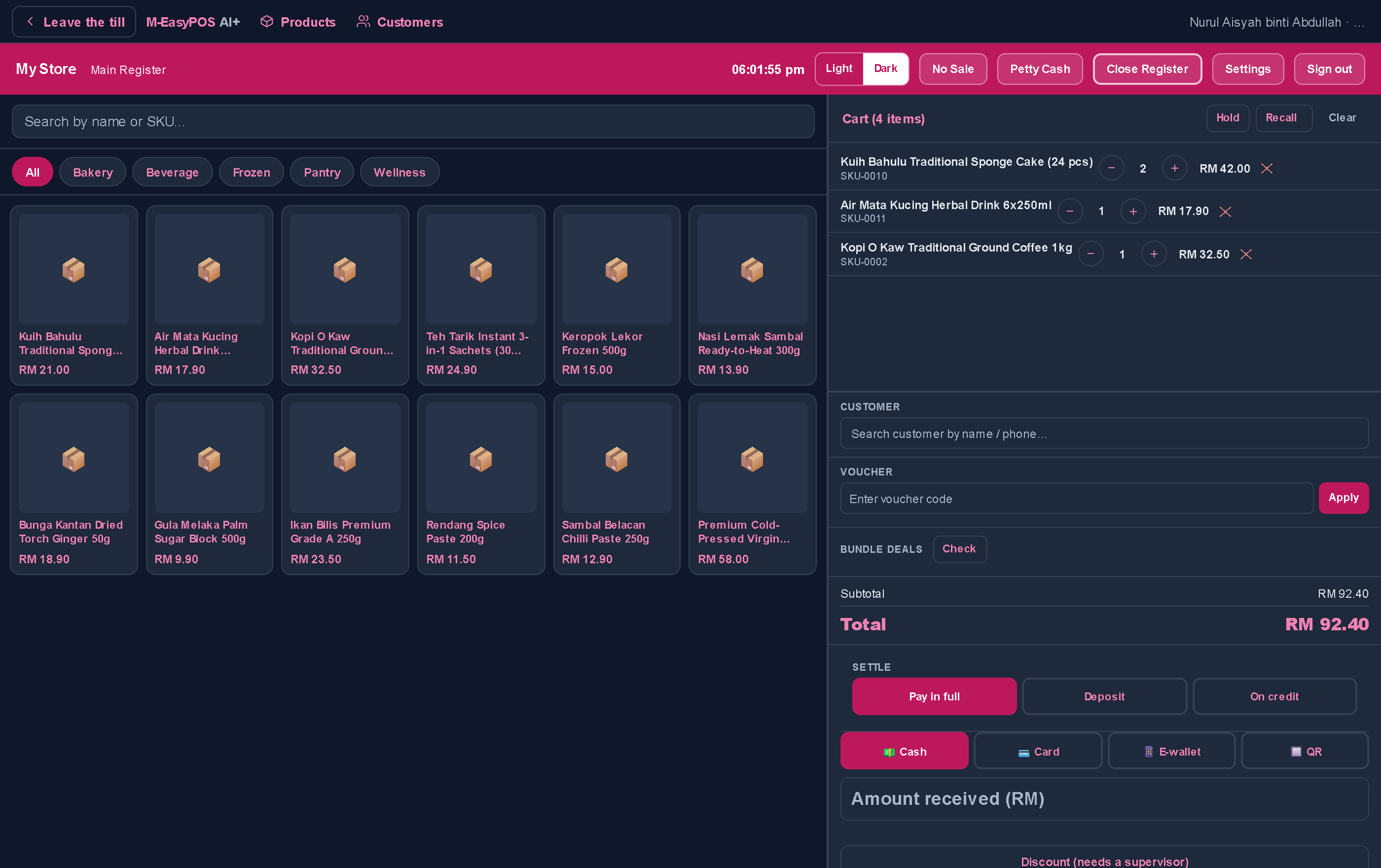 The M-EasyPOS terminal: a product grid on the left filtered by category, and on the right a cart holding three lines totalling RM 92.40, a customer and voucher field, settle modes for pay in full, deposit and on credit, and cash, card, e-wallet and QR payment buttons.
