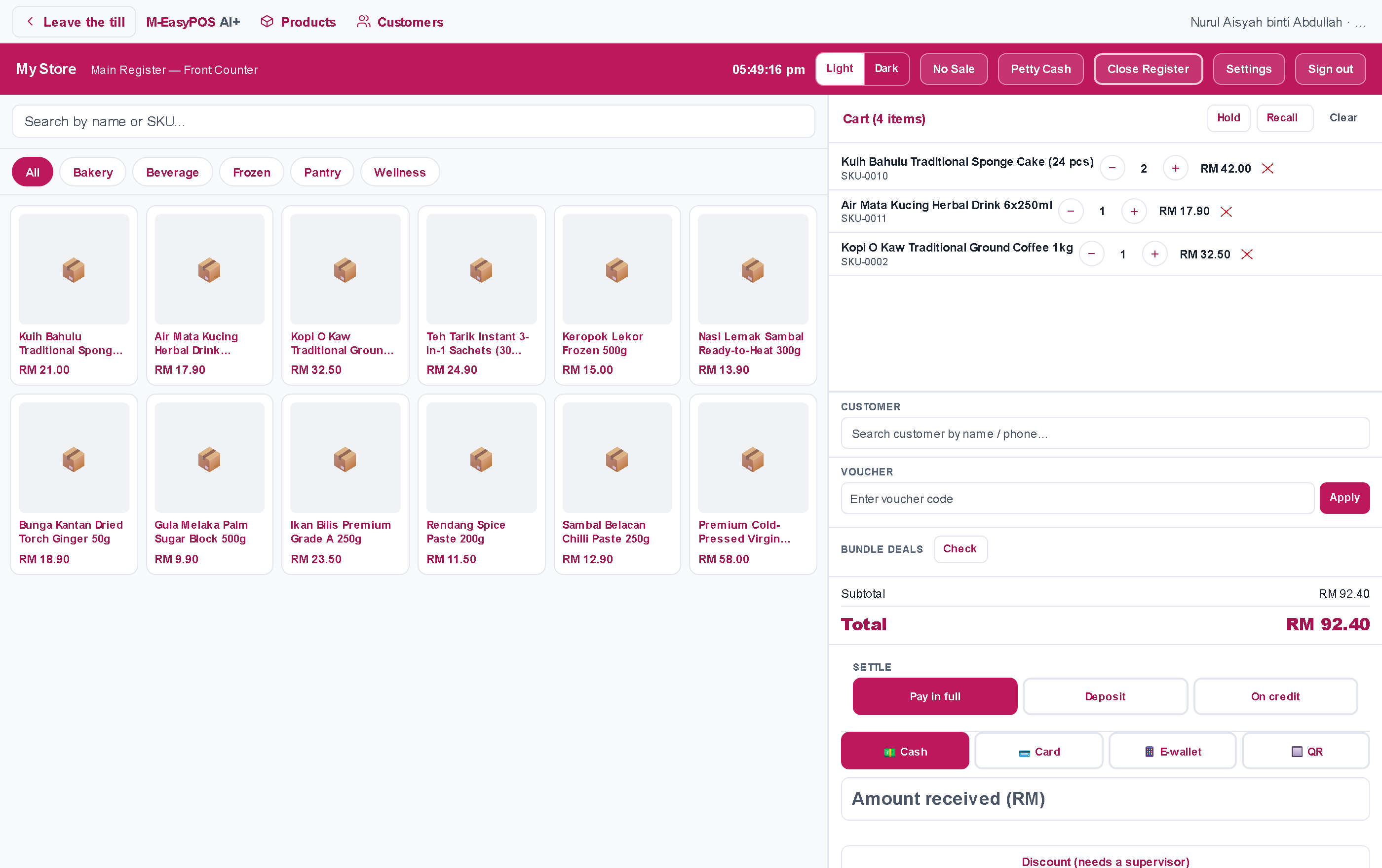 The M-EasyPOS terminal: a product grid on the left filtered by category, and on the right a cart holding three lines totalling RM 92.40, a customer and voucher field, settle modes for pay in full, deposit and on credit, and cash, card, e-wallet and QR payment buttons.